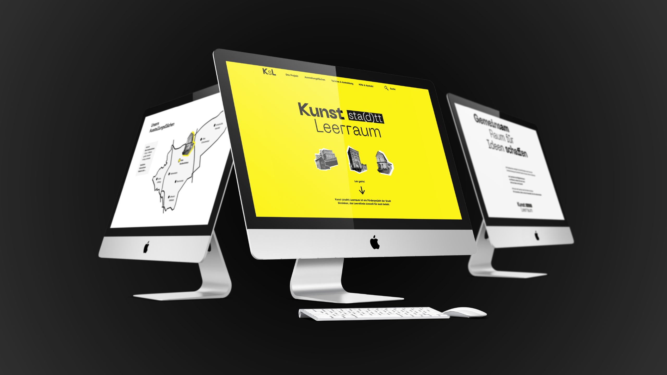 Mockup mehrerer Webseiten-Layouts in Schwarz-Weiß mit leuchtend gelben Akzentflächen. Die Folien zeigen minimalistische Typografie, Grafiken und Fotos zum Thema kreative Raumnutzung.