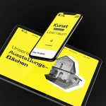 Digitales Geräte-Mockup eines Webdesigns für Tablet und Smartphone in leuchtendem Gelb und Schwarz auf dunklem Hintergrund. Zu sehen ist die responsive Website des Projekts „Kunst statt Leerraum“.