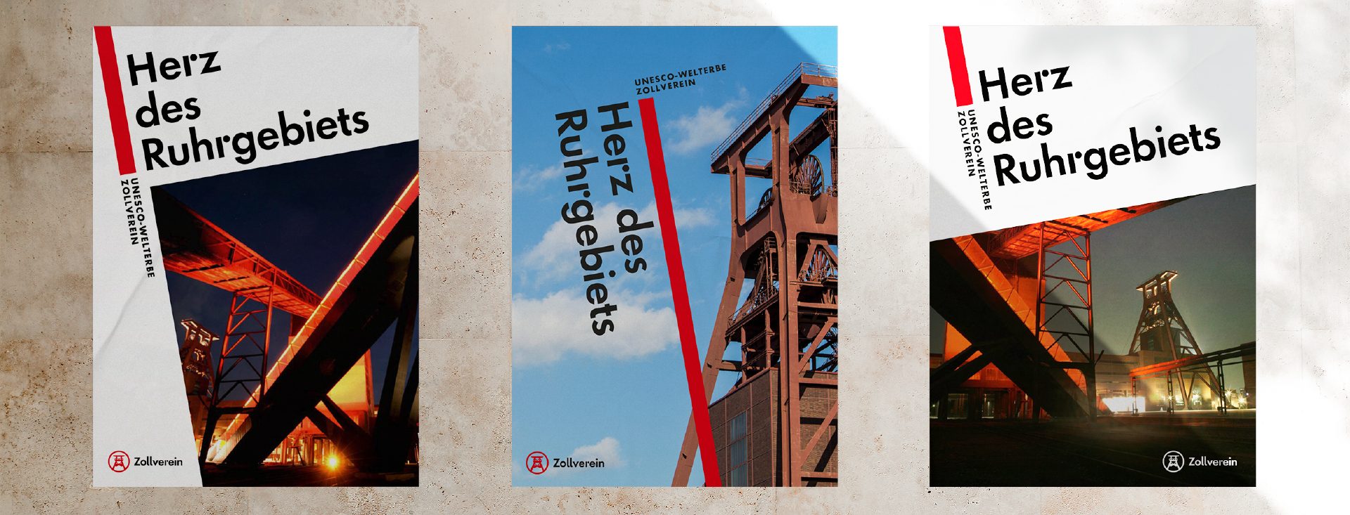 Drei Plakatentwürfe für Zollverein mit dem Slogan „Herz des Ruhrgebiets“ und Motiven des Fördergerüsts.