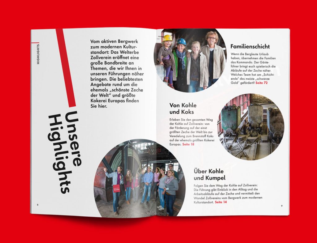 Doppelseite einer Zollverein Broschüre mit den Highlights der Führungen, darunter Familienführungen, Industriekultur und Einblicke in Zeche und Kokerei, ergänzt durch Fotografien von Besuchergruppen und historischen Anlagen.