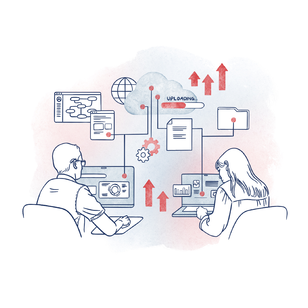 Illustration im LWL-Stil mit zwei Personen an Computern sowie Cloud-, Dokumenten- und Prozesssymbolen als Darstellung digitaler Zusammenarbeit und Datenmanagement.