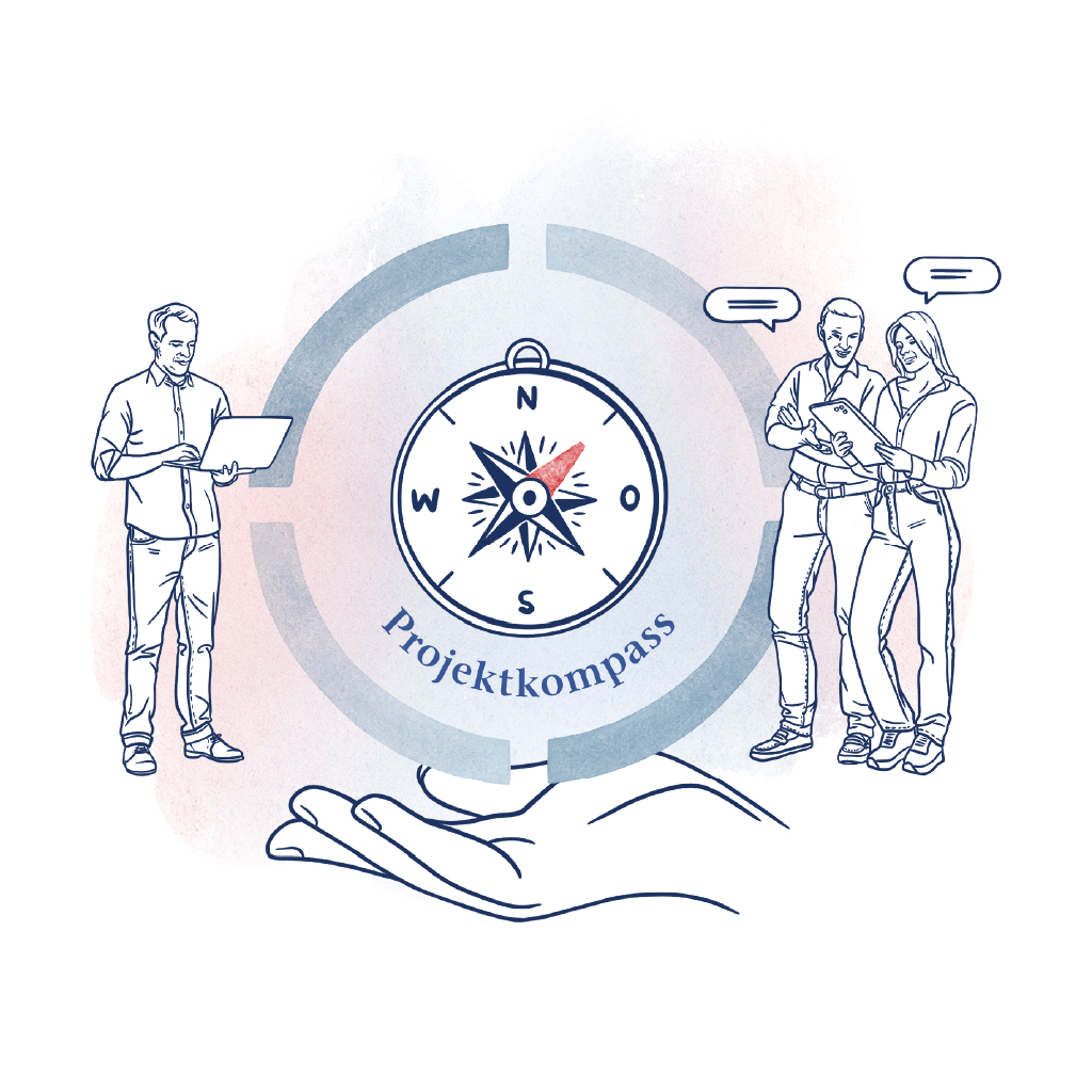 Illustration im LWL-Stil mit einem Projektkompass in einer Hand sowie Personen mit Laptop und Tablet als Symbol für Orientierung, Zusammenarbeit und strukturierte Projektplanung.