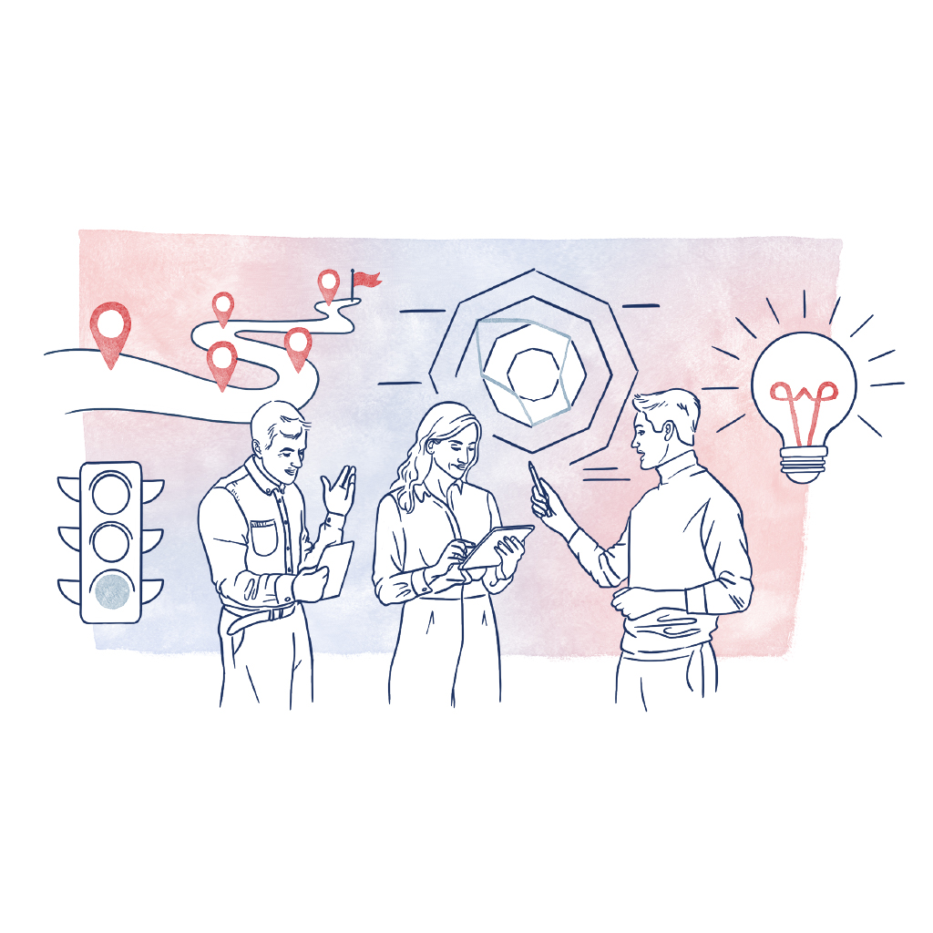 Illustration im LWL-Stil mit drei Personen im Austausch sowie Symbolen für Planung, Ideenfindung und Projektsteuerung als Darstellung gemeinsamer Zusammenarbeit.